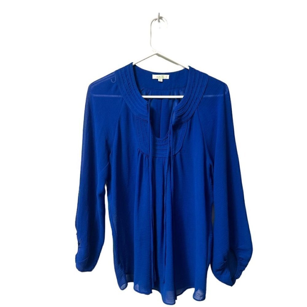 Blue Long-Sleeve Pleated Yoke Women's Top